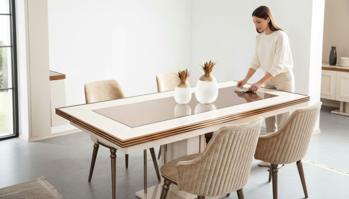 Luxus Esstisch Tisch Beige Glastisch Holztisch Designer Tischer Küche