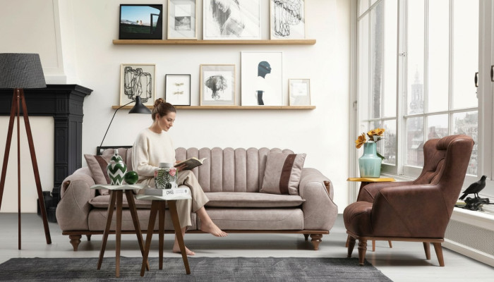 Designer Sofagarnitur 3+1 Sitz Couchtisch Sofabezug Textil Braun Holz