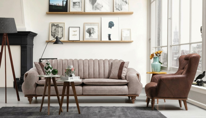 Designer Sofagarnitur 3+1 Sitz Couchtisch Sofabezug Textil Braun Holz