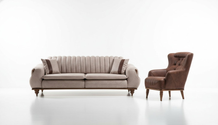 Designer Sofagarnitur 3+1 Sitz Couchtisch Sofabezug Textil Braun Holz