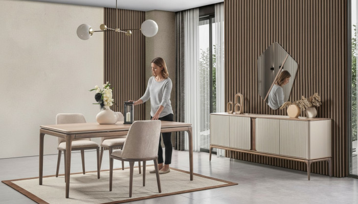 Essgruppe Esstisch 4 Stühle Sideboard Spiegel Modern 7tlg Holz Beige