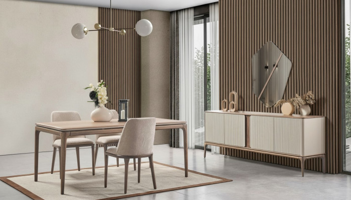 Essgruppe Esstisch 4 Stühle Sideboard Spiegel Modern 7tlg Holz Beige