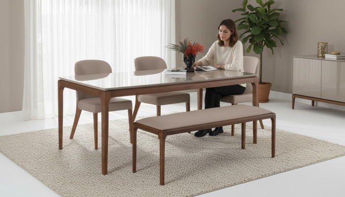 Essgruppe Esszimmer Set Bank 4x Stühle Tisch Möbel beige 6tlg