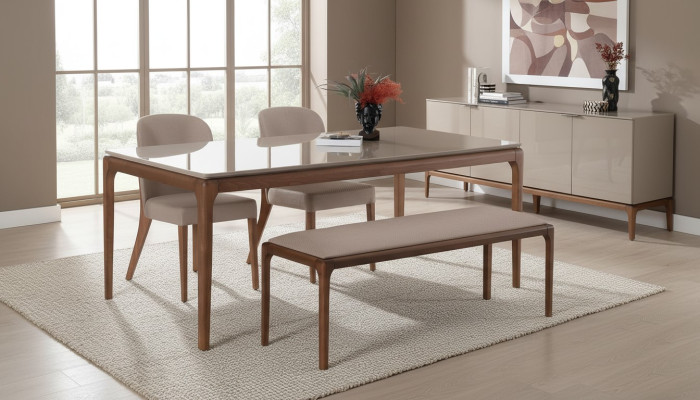 Essgruppe Esszimmer Set Bank 4x Stühle Tisch Möbel beige 6tlg