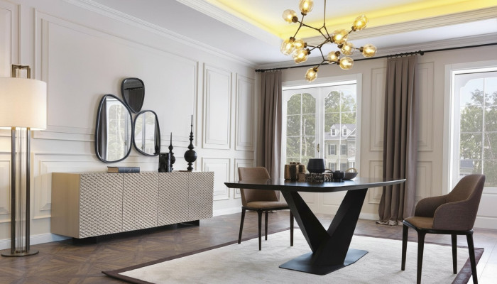 Esstisch Tisch 4x Stühle Anrichte Spiegel 7tlg Design Gruppe Garnitur