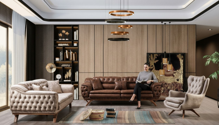 Sofagarnitur 3+3+1 Sitzer Möbel Set Design Sofas Kunstleder Chesterfield