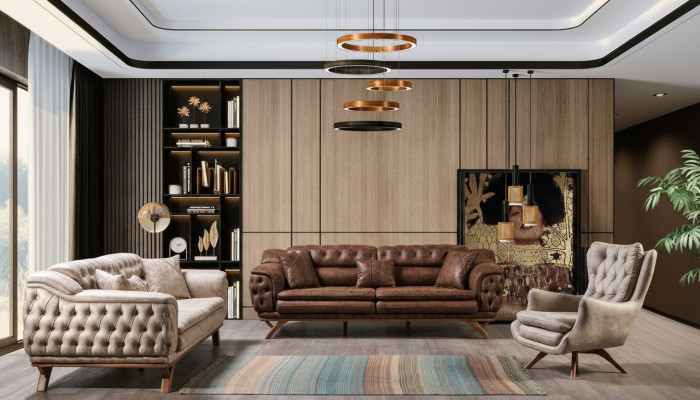 Sofagarnitur 3+3+1 Sitzer Möbel Set Design Sofas Kunstleder Chesterfield