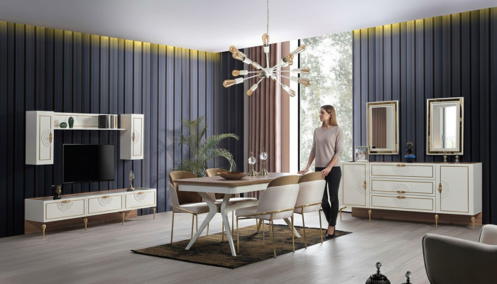 Esszimmer Essgruppe Set Tisch 4x Stühle Anrichte 2x Spiegel 8tlg neu