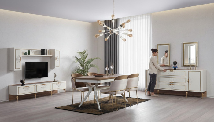Esszimmer Set Garnitur Tisch 4x Stühle Anrichte 2x Spiegel Wohnwand 11tlg.