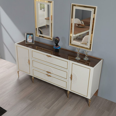 Wohnzimmer Set Anrichte mit 2x Spiegel Garnitur Holz 3tlg weiß Sideboard