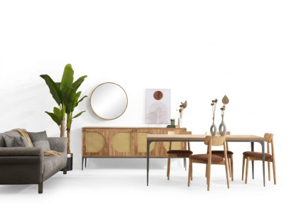 Esszimmer Set Holz Esstisch Garnitur Tisch Sideboard Spiegel 4x Stühle 7tlg.