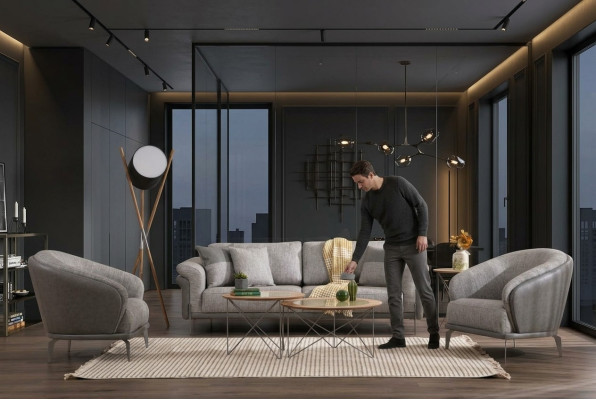 Sofagarnitur Sofa 3 Sitzer Grau Sessel Wohnzimmer Möbel Luxus Design