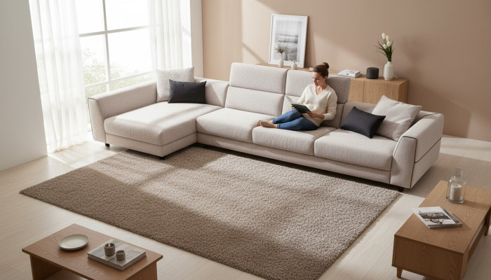 Beiges L-förmiges Ecksofa Wohnzimmer Couch Textil Desginer Moderne
