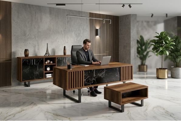 Schreibtisch Büro Set Einrichtung mit Marmor Tisch Büro Schrank 4tlg.