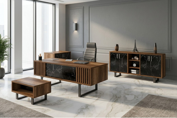 Schreibtisch Büro Set Einrichtung mit Marmor Tisch Büro Schrank 4tlg.