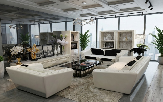 Sofagarnitur Chesterfield 3+2+1 Sitzer Sessel Sofa Leder mit Ponyfell