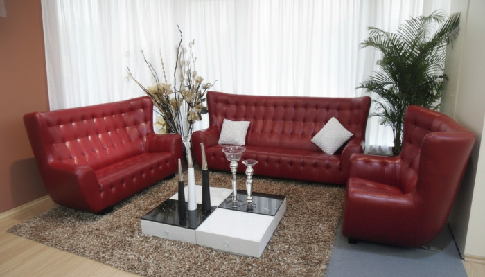 Sofagarnitur Chesterfield Sessel Sofa Set 3 tlg Ledersofa Rot Modern