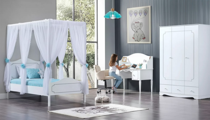 Kinderzimmer Schlafzimmer Bett Himmelbett 100x200cm Weiß Holz Betten
