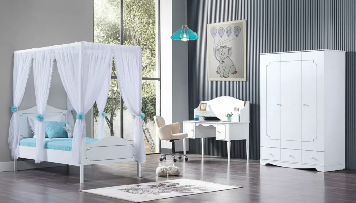 Kinderzimmer Schlafzimmer Bett Himmelbett 100x200cm Weiß Holz Betten