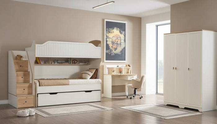 Kinderzimmer Etagenbett Hochbett Set Schreibtisch Kleiderschrank 3tlg.