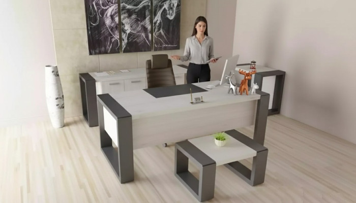 Graue Büro Einrichtung Schreibtisch Aktenschrank Kommode Couchtisch 3tlg. Set