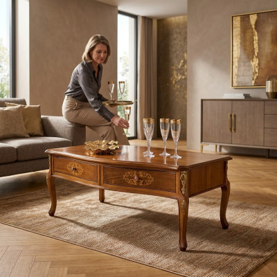 Klassischer Brauner Holz Couchtisch Luxus Design Schubladen Tisch Neu