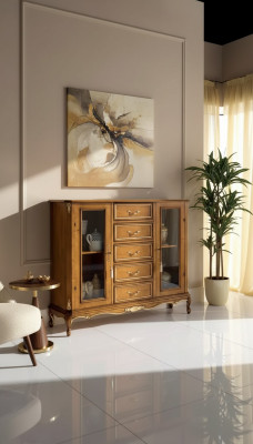 Exklusive braune Holzvitrine mit Schubladen im klassischen Möbelstil