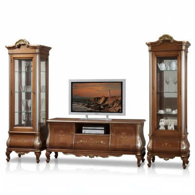 Klassische Wohnzimmerwand RTV 2x Vitrinen Massivholz Möbel TV-Regal Neu