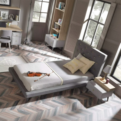 Garnitur Jugendbett Nachttisch Kinderzimmer Bett Holz Grau 120 cm 2tlg