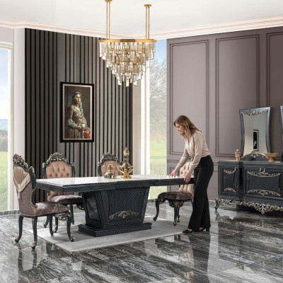 Essgruppe Esszimmer Esstisch Stühle Holz Set 12tlg Grau Barock Sideboard