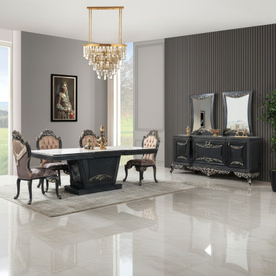 Essgruppe Esszimmer Esstisch Stühle Holz Set 12tlg Grau Barock Sideboard