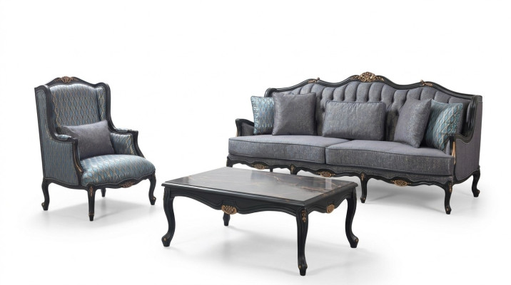 Chesterfield Sofagarnitur Dreisitzer Sessel Stoff Couchtisch Blau Neu