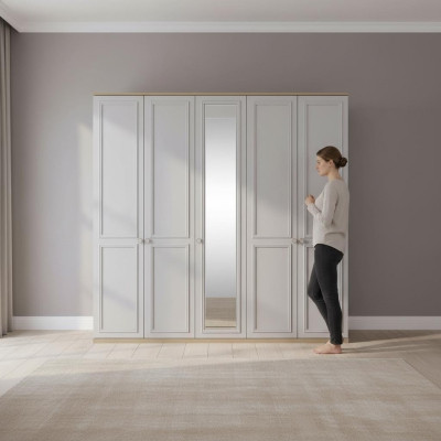 Kleiderschrank Schlafzimmerschrank Schrank Grau Holz Spiegel 5 Türen