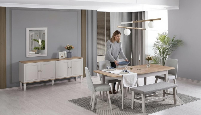 Essgruppe Esszimmermöbel Set 8tlg Esszimmer Esstisch Stühle Holz Grau