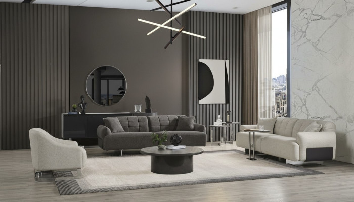 Komplette Polstersofa Couchgarnitur Sofagarnitur Grau Stoff Stoffsofa