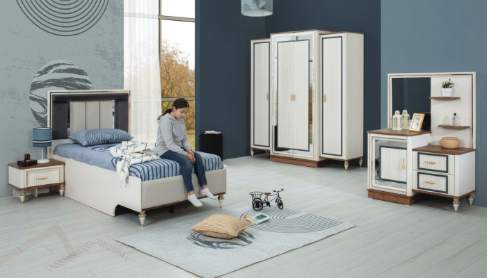 Garnitur Kinderzimmer Bett Kinderbett Kindermöbel Weiß Holz Set 5tlg