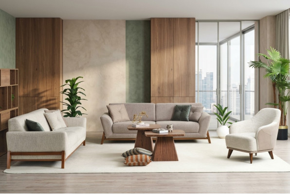 Gruppe Couch Dreisitzer Sessel Sofa Stoff Beige Stoffsofa Set 3tlg 3+3+1