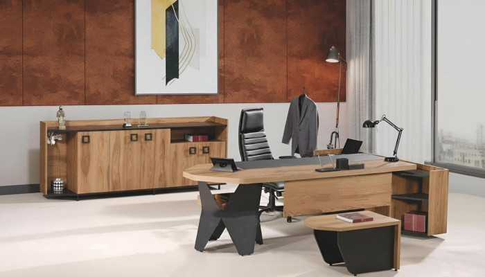 Garnitur Büro Schreibtisch Bürotisch Set 4tlg Holz Braun Kommode Groß