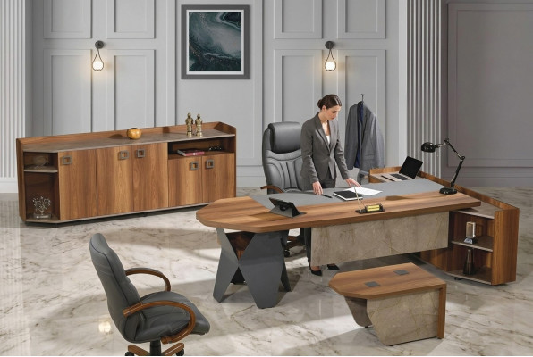 Komplette Büro Schreibtisch Bürotisch Set 4tlg Holz Braun Kommode Groß