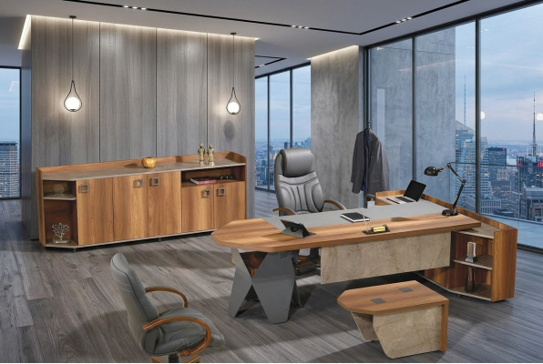 Komplette Büro Schreibtisch Bürotisch Set 4tlg Holz Braun Kommode Groß