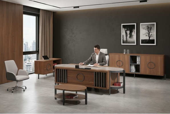 Bürotisch Gruppe Büro Schreibtisch Set 4tlg Holz Braun Kommode Groß