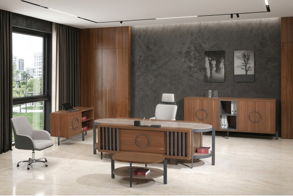 Bürotisch Gruppe Büro Schreibtisch Set 4tlg Holz Braun Kommode Groß