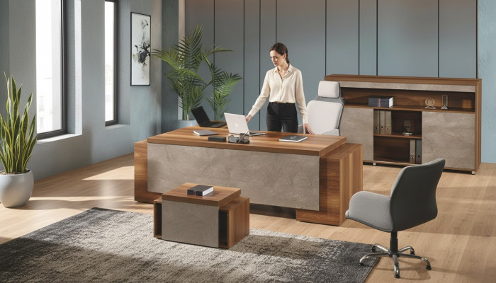 Büromöbel Eckbürotisch Komplette Büro Bürotisch Set 3tlg Holz Braun