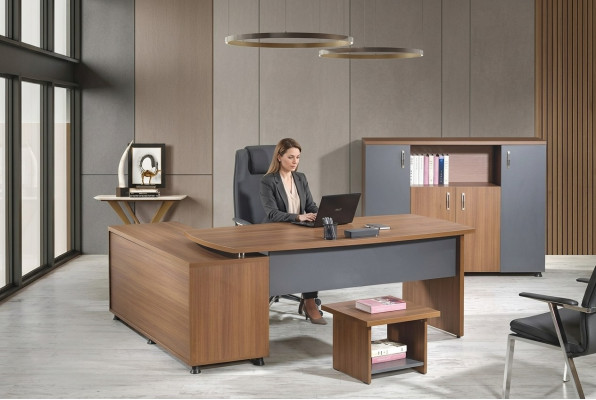 Eckbürotisch Arbeitszimmermöbel Komplettbüro Büro 3tlg Holz Braun Set