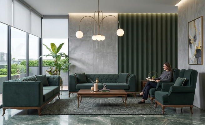 Sofagarnitur Dreisitzer Sofa Stoffsofa Grün Polstersofas Zweisitzer