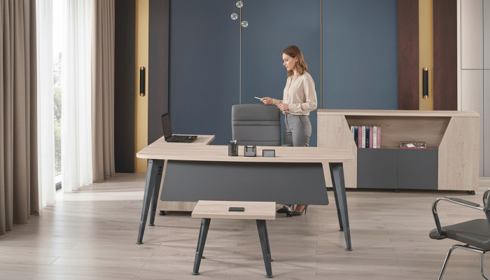 Möbel Büro Arbeitszimmermöbel Eckbürotisch Set 3tlg Holz Grau Tisch