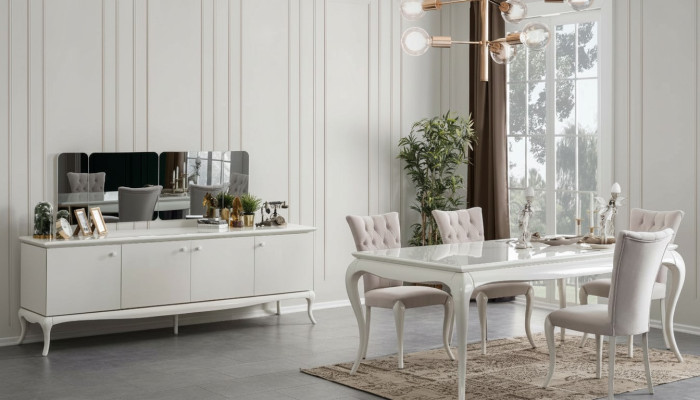 Essgruppe Essecke Esszimmer Esstisch Holz Weiß Set 7tlg Sideboard