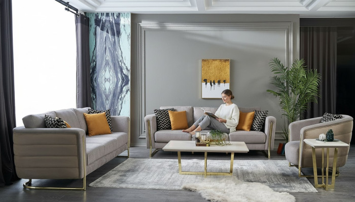 Couchgarnitur Stoffsofa Sofagarnitur Polstersofa Grau Modern Set 3tlg