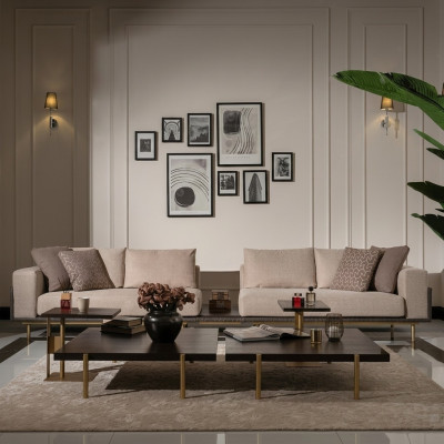 Wohnzimmer Gruppe Sofa Couchtische 4tlg Stoffsofa Beige Holz Moderne
