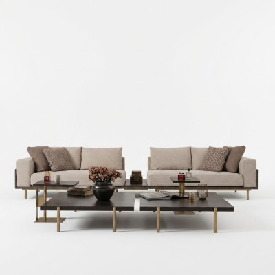 Wohnzimmer Gruppe Sofa Couchtische 4tlg Stoffsofa Beige Holz Moderne